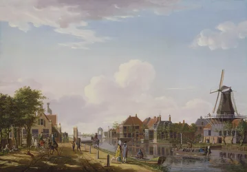 Scène de canal néerlandais avec des figures élégantes et un moulin, 1777